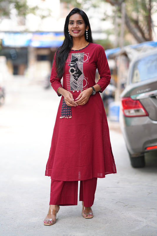 Maroon Color Ammavari Roop Embrioded Jaipur Cotton Cordset
