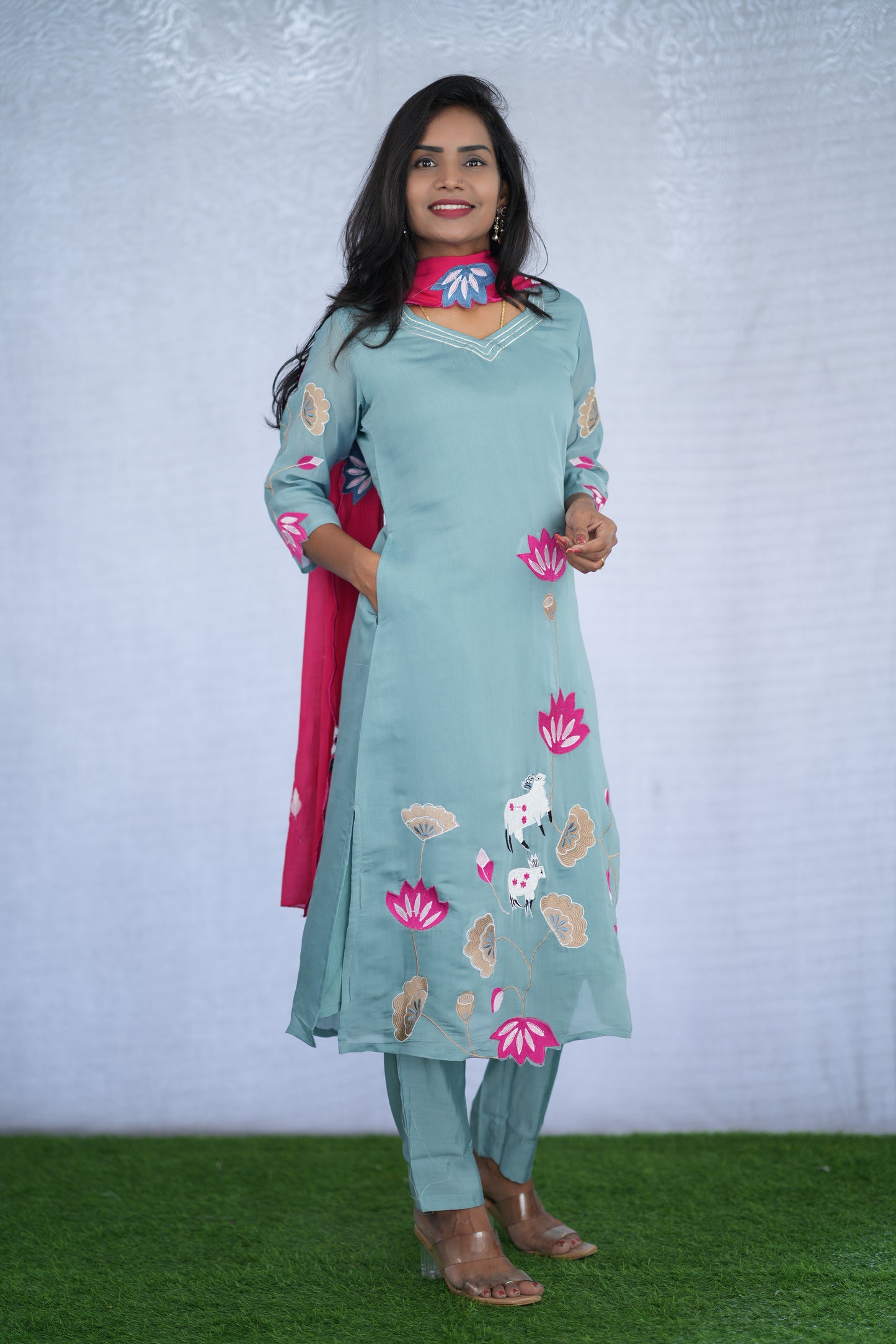 Ice Green Color Mul chanderi Party Wear 3 Piece Set With Embroidery work and Lining