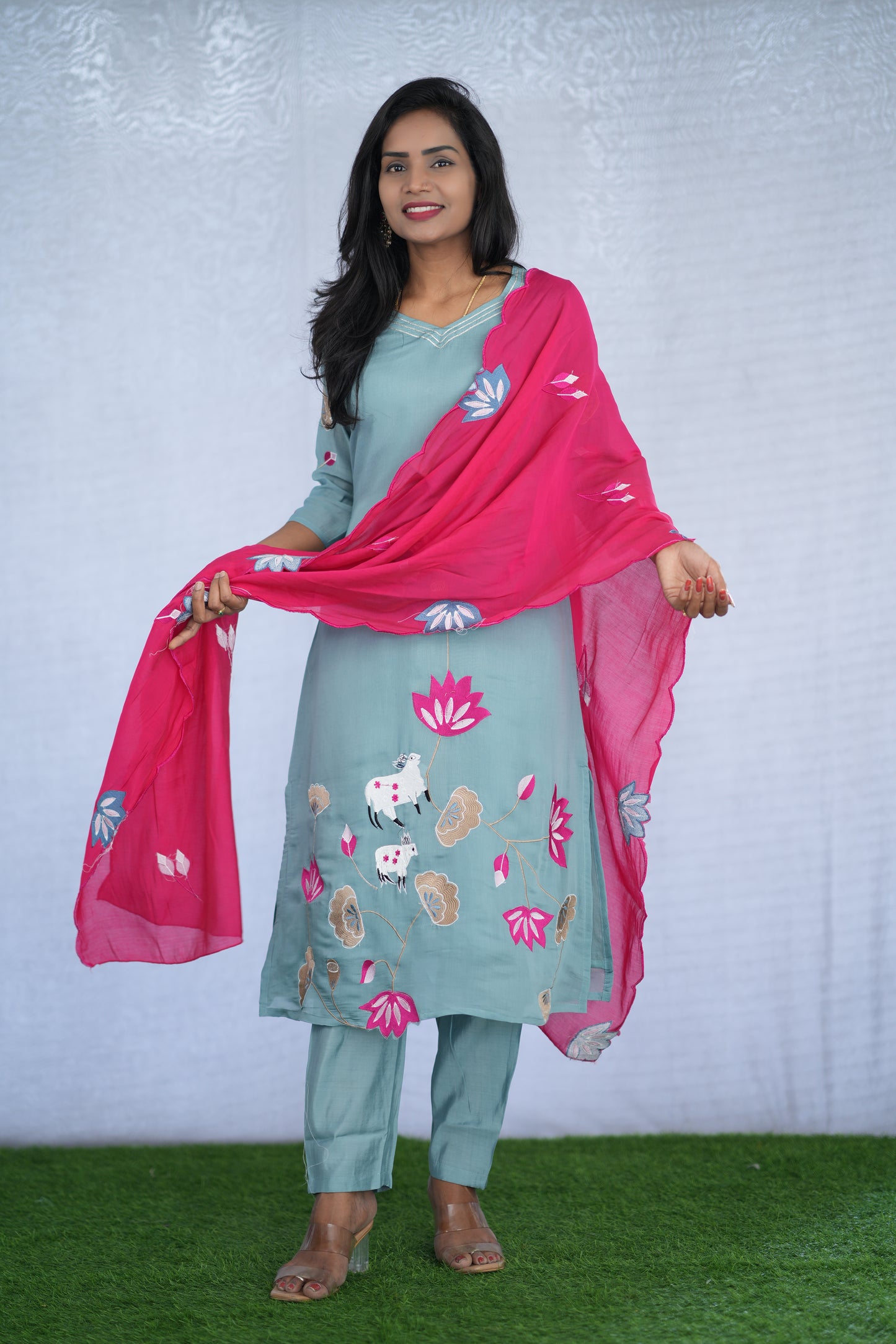 Ice Green Color Mul chanderi Party Wear 3 Piece Set With Embroidery work and Lining