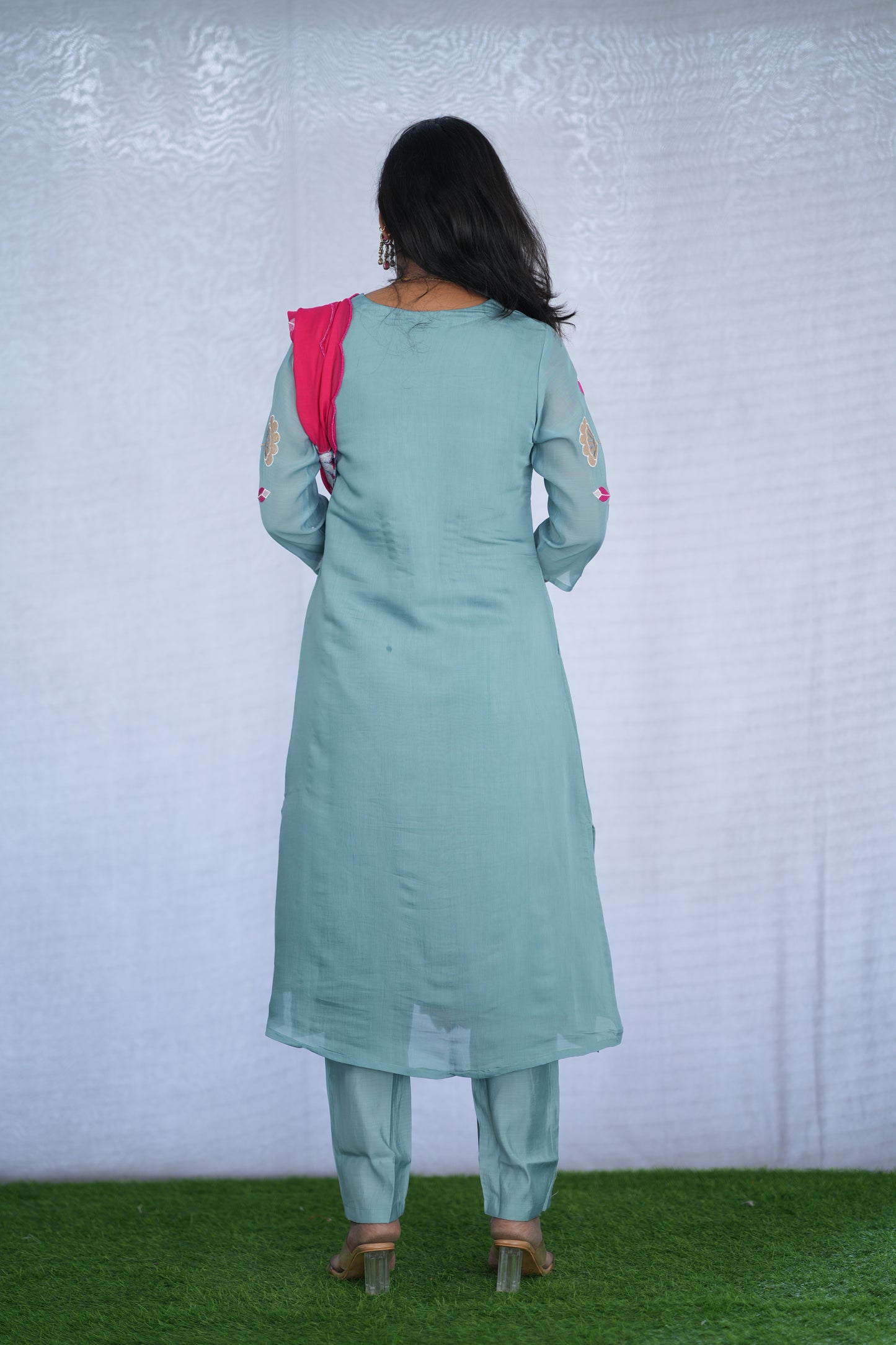 Ice Green Color Mul chanderi Party Wear 3 Piece Set With Embroidery work and Lining