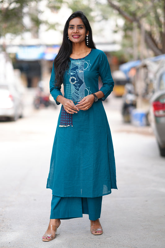 Teal Blue Color Ammavari Roop Embrioded Jaipur Cotton Cordset