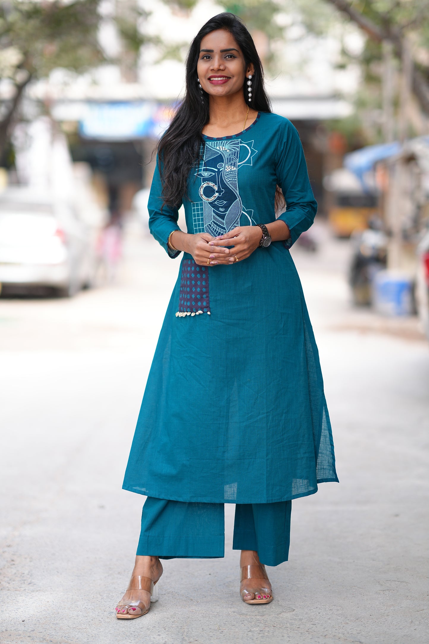 Teal Blue Color Ammavari Roop Embrioded Jaipur Cotton Cordset