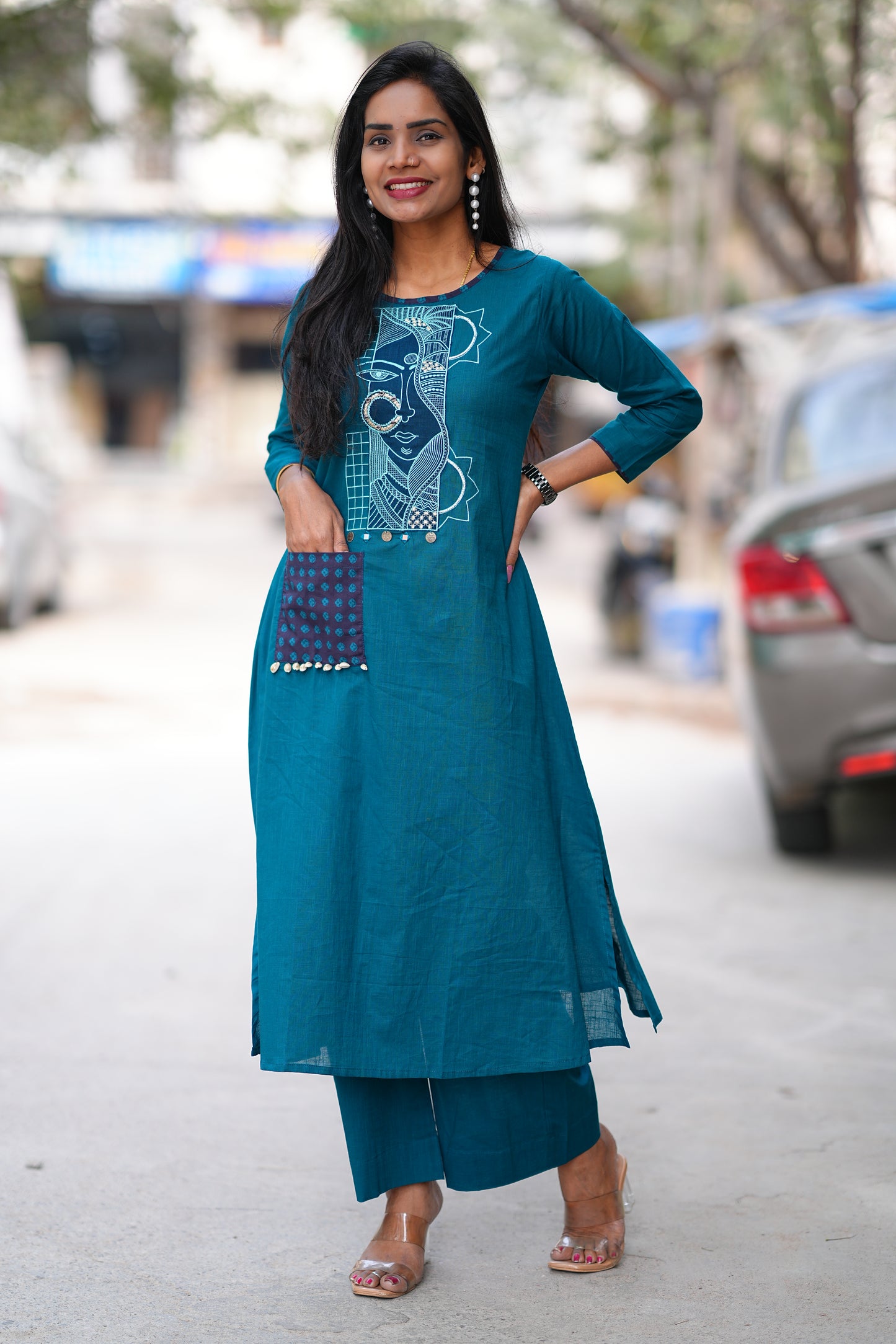 Teal Blue Color Ammavari Roop Embrioded Jaipur Cotton Cordset
