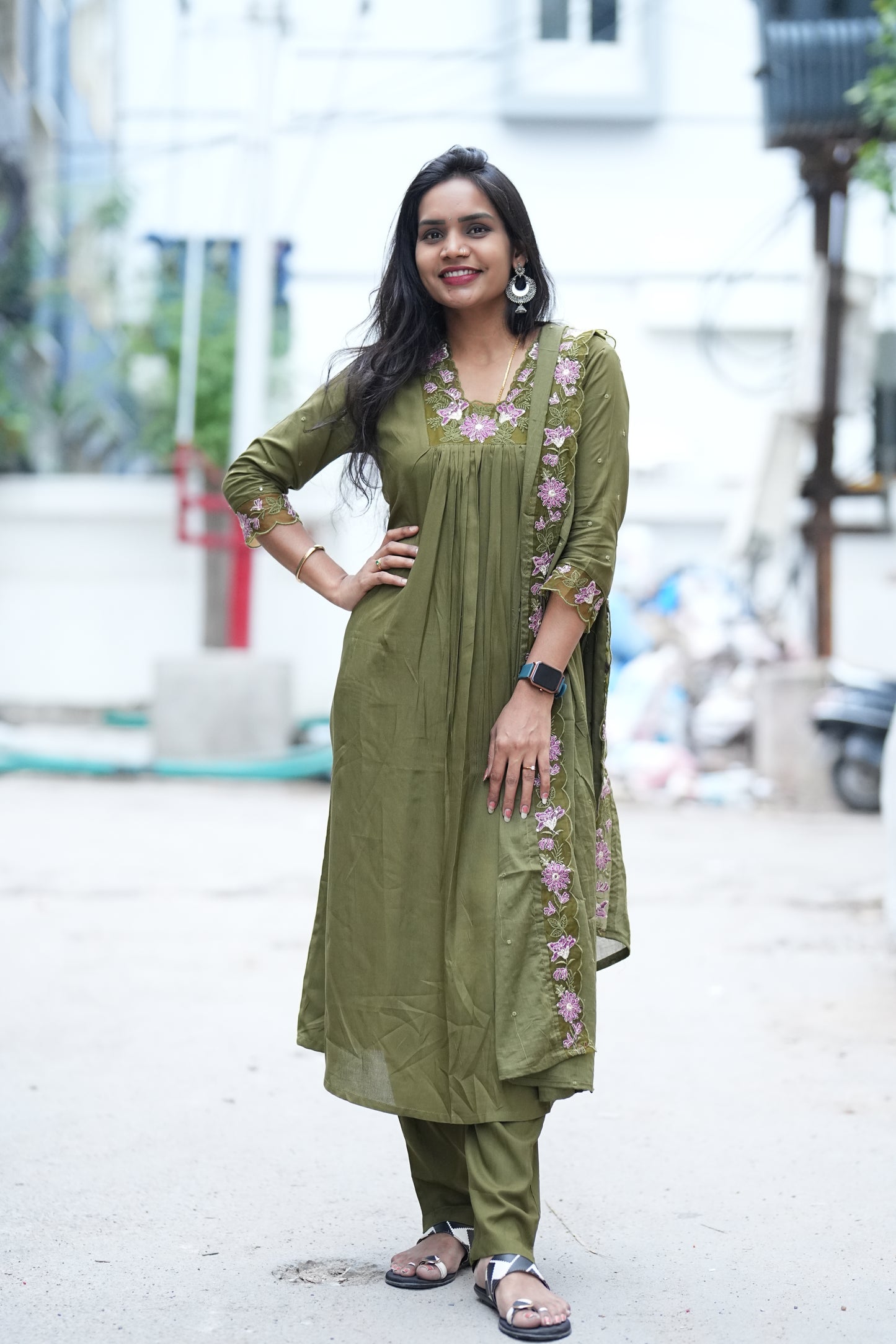 Mehendhi Green Mul Mul Cotton Anarkali 3 Piece Set With Complete Lining