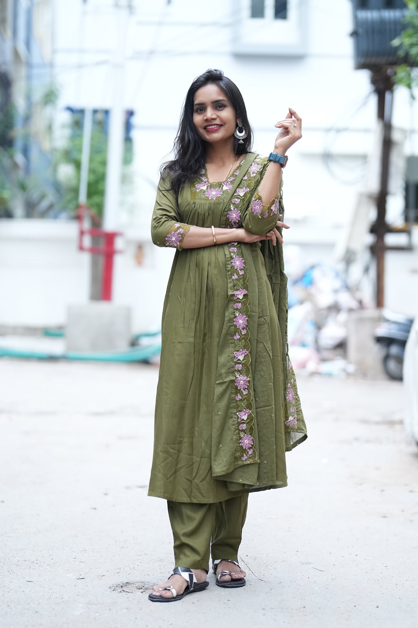 Mehendhi Green Mul Mul Cotton Anarkali 3 Piece Set With Complete Lining