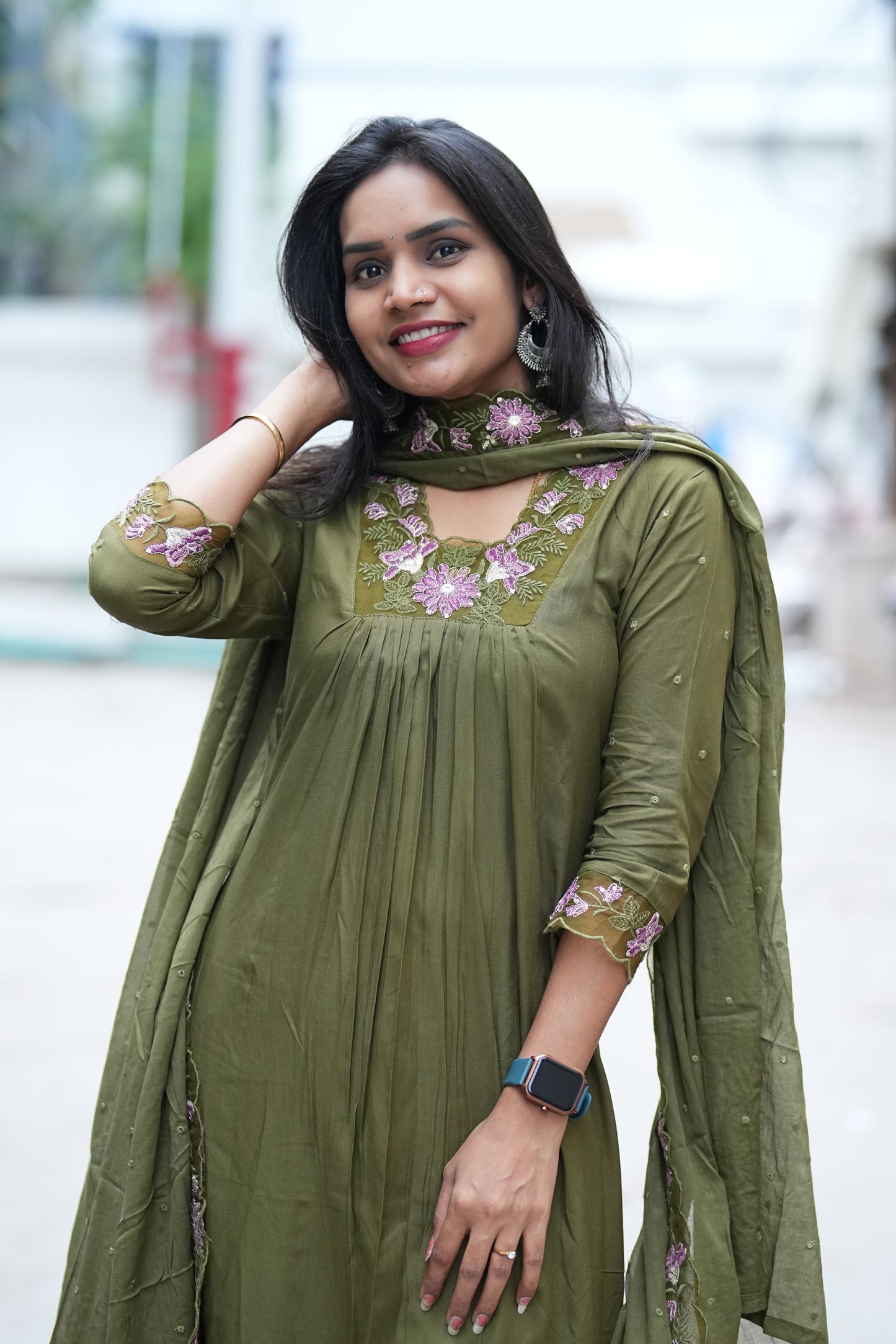 Mehendhi Green Mul Mul Cotton Anarkali 3 Piece Set With Complete Lining