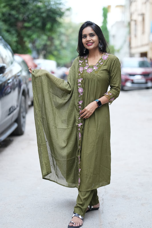 Mehendhi Green Mul Mul Cotton Anarkali 3 Piece Set With Complete Lining
