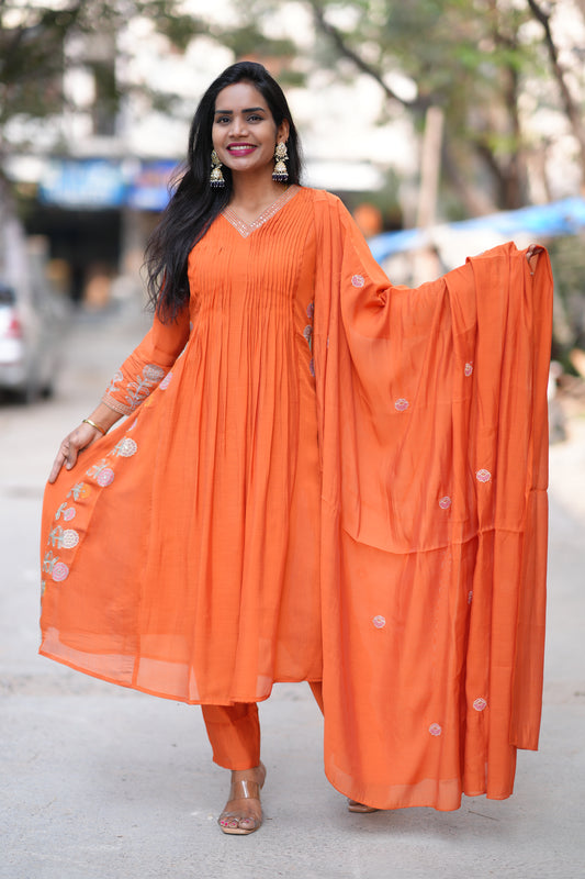 Orange Color Mul Chanderi Party Wear 3 Piece Set With Complete Lining