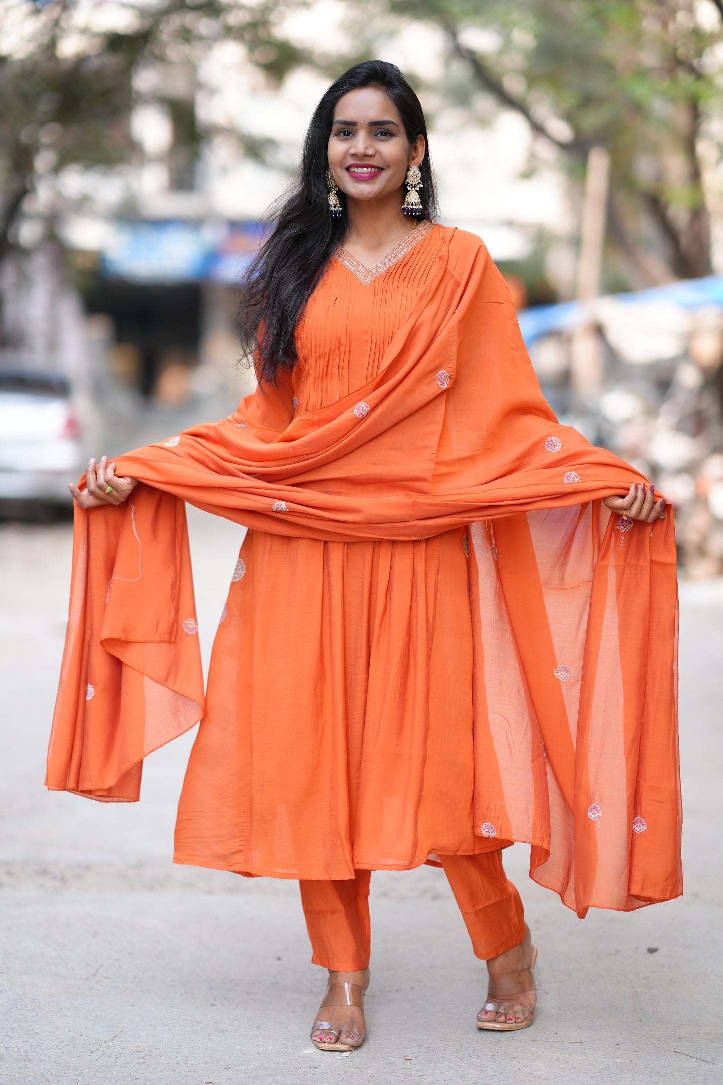 Orange Color Mul Chanderi Party Wear 3 Piece Set With Complete Lining