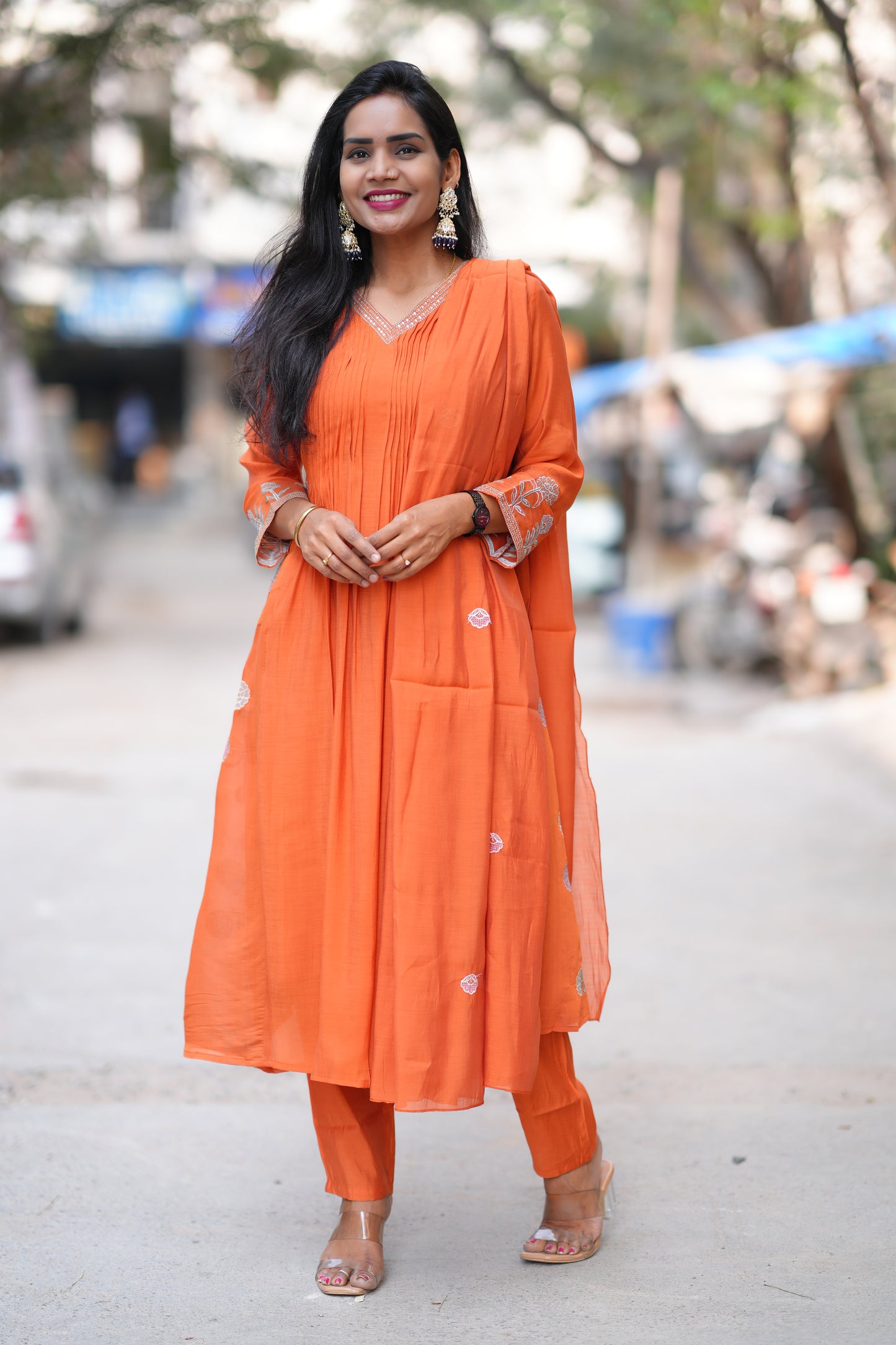 Orange Color Mul Chanderi Party Wear 3 Piece Set With Complete Lining