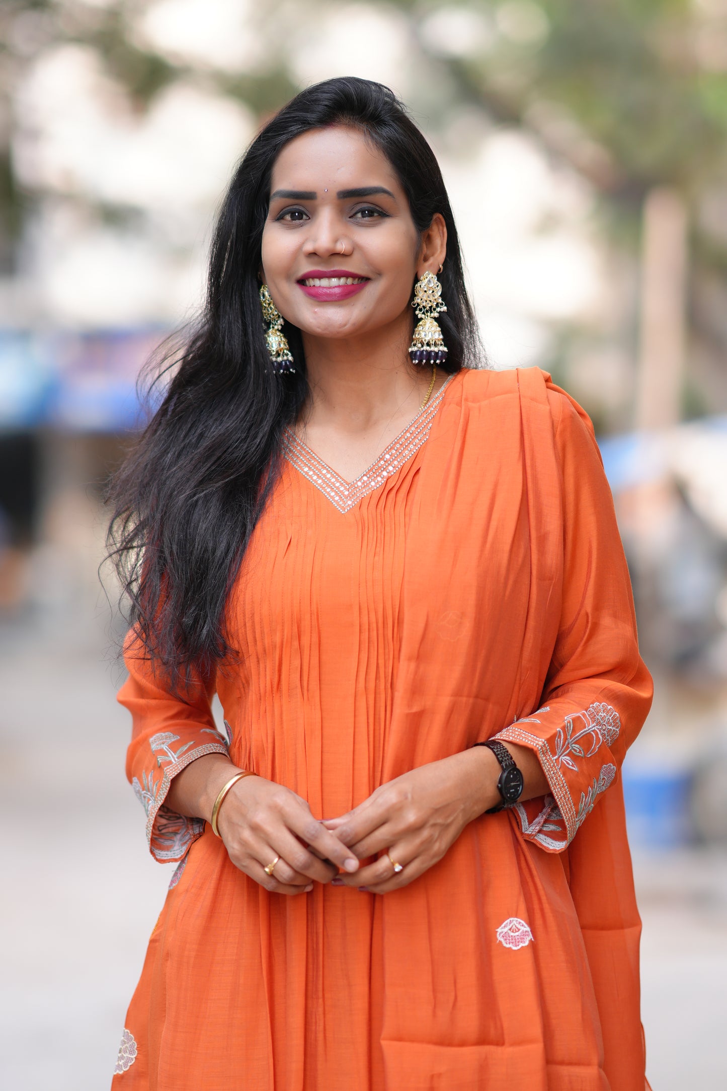 Orange Color Mul Chanderi Party Wear 3 Piece Set With Complete Lining