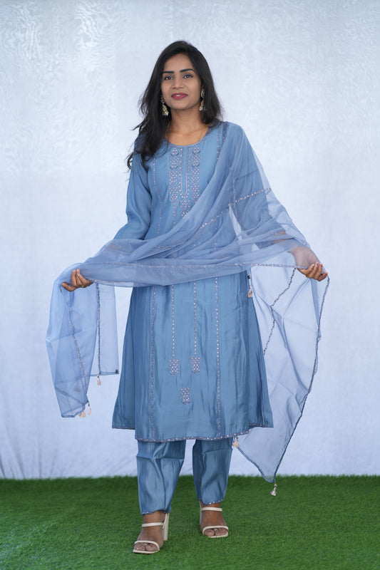 Greyish Blue Viscose Fabric Party Wear 3 Piece Set with Lining
