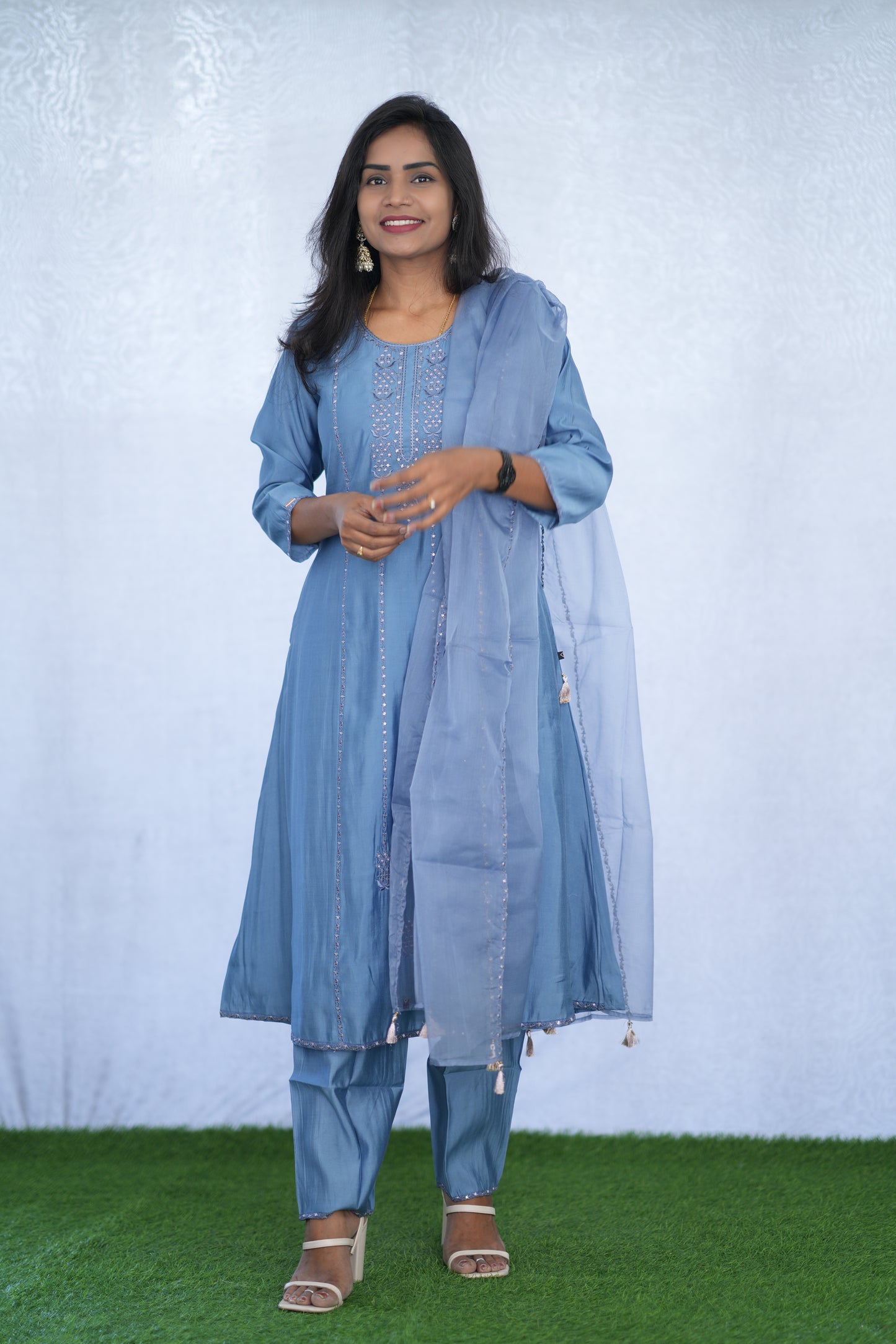 Greyish Blue Viscose Fabric Party Wear 3 Piece Set with Lining