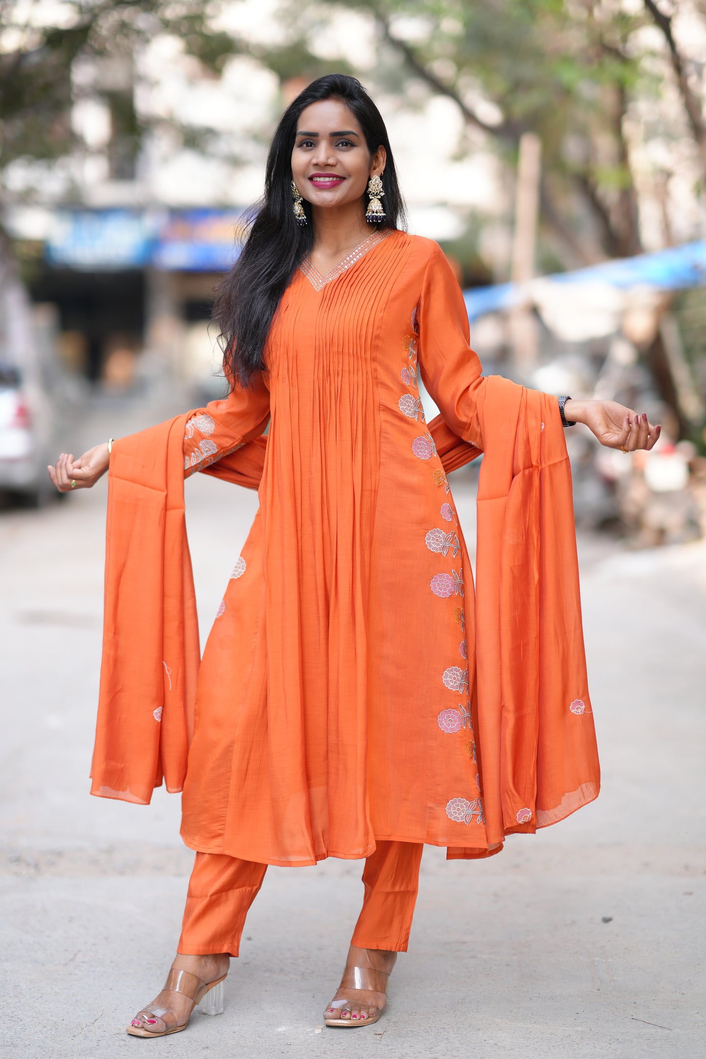 Orange Color Mul Chanderi Party Wear 3 Piece Set With Complete Lining