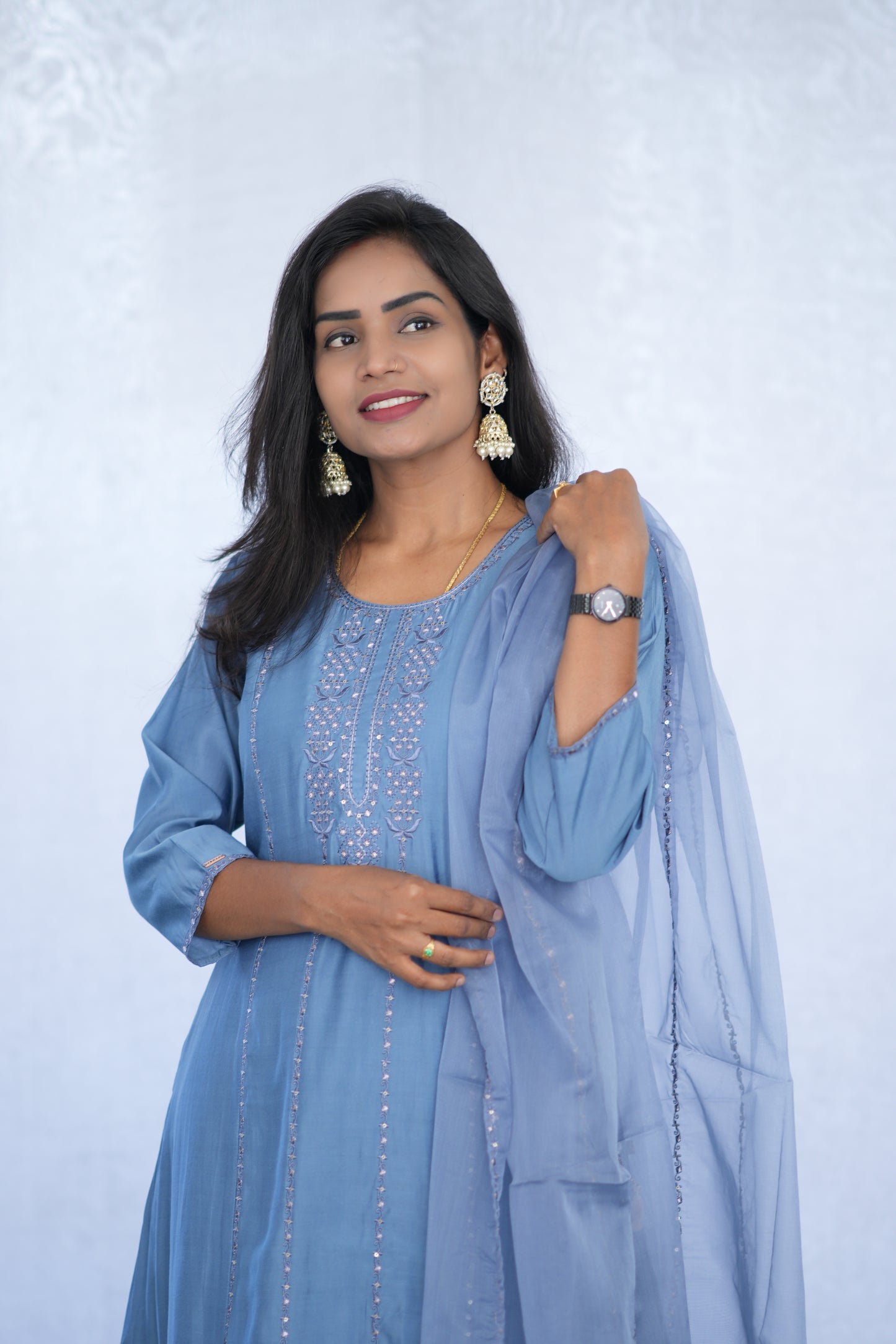 Greyish Blue Viscose Fabric Party Wear 3 Piece Set with Lining