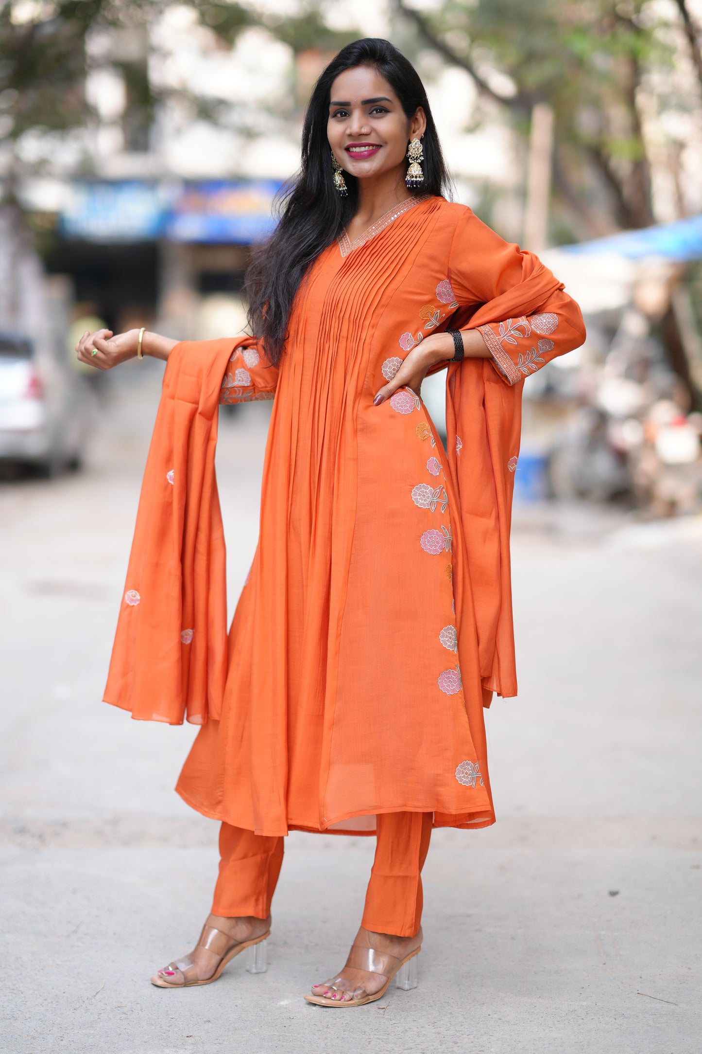 Orange Color Mul Chanderi Designer Wear 3 Piece Set With Embroidery Work and Lining