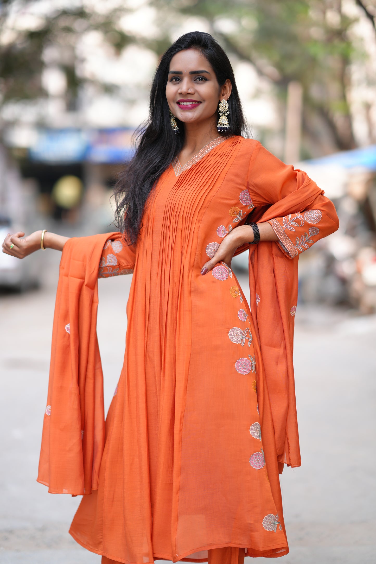 Orange Color Mul Chanderi Designer Wear 3 Piece Set With Embroidery Work and Lining