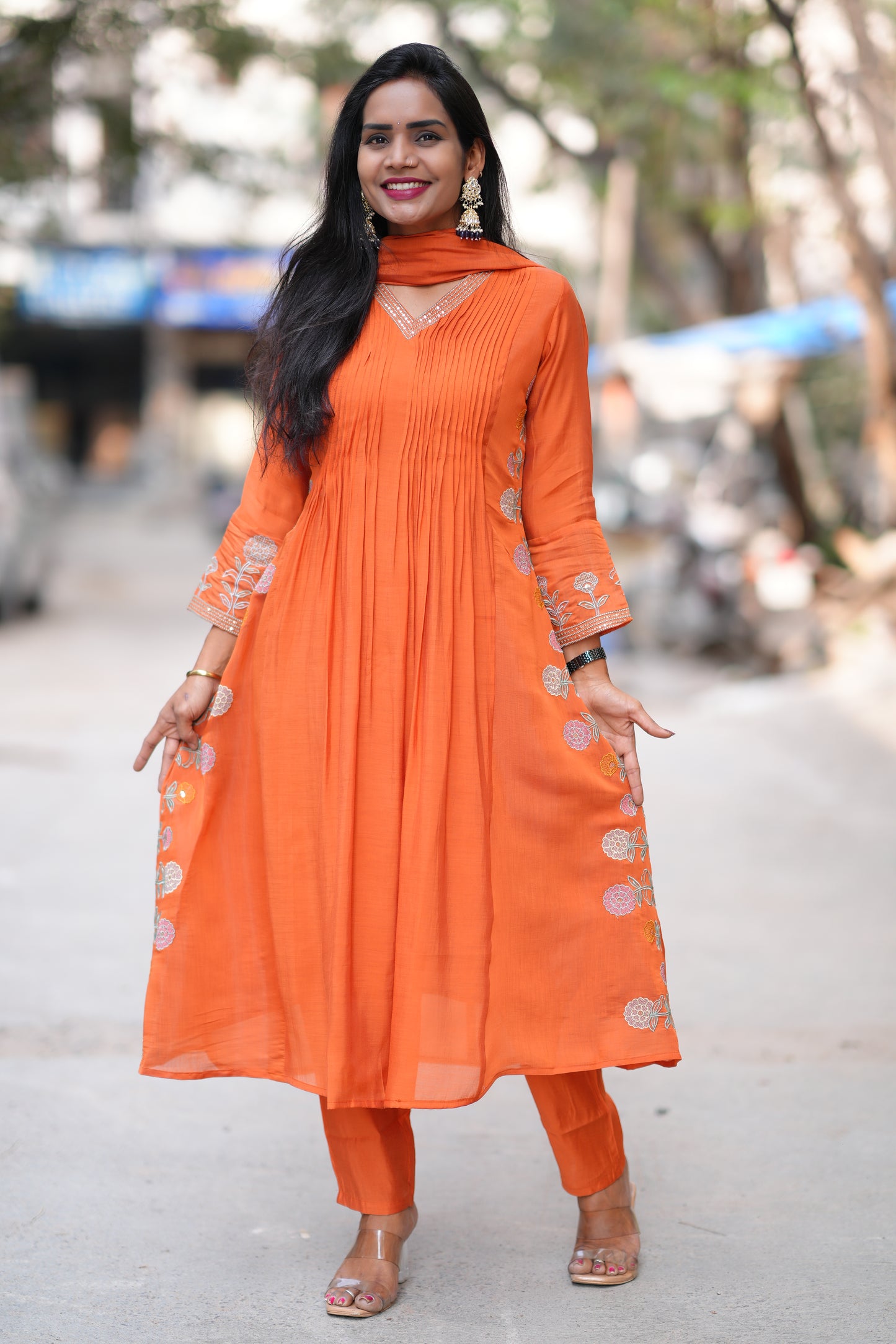 Orange Color Mul Chanderi Party Wear 3 Piece Set With Complete Lining