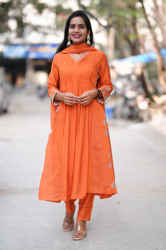 Orange Color Mul Chanderi Party Wear 3 Piece Set With Complete Lining