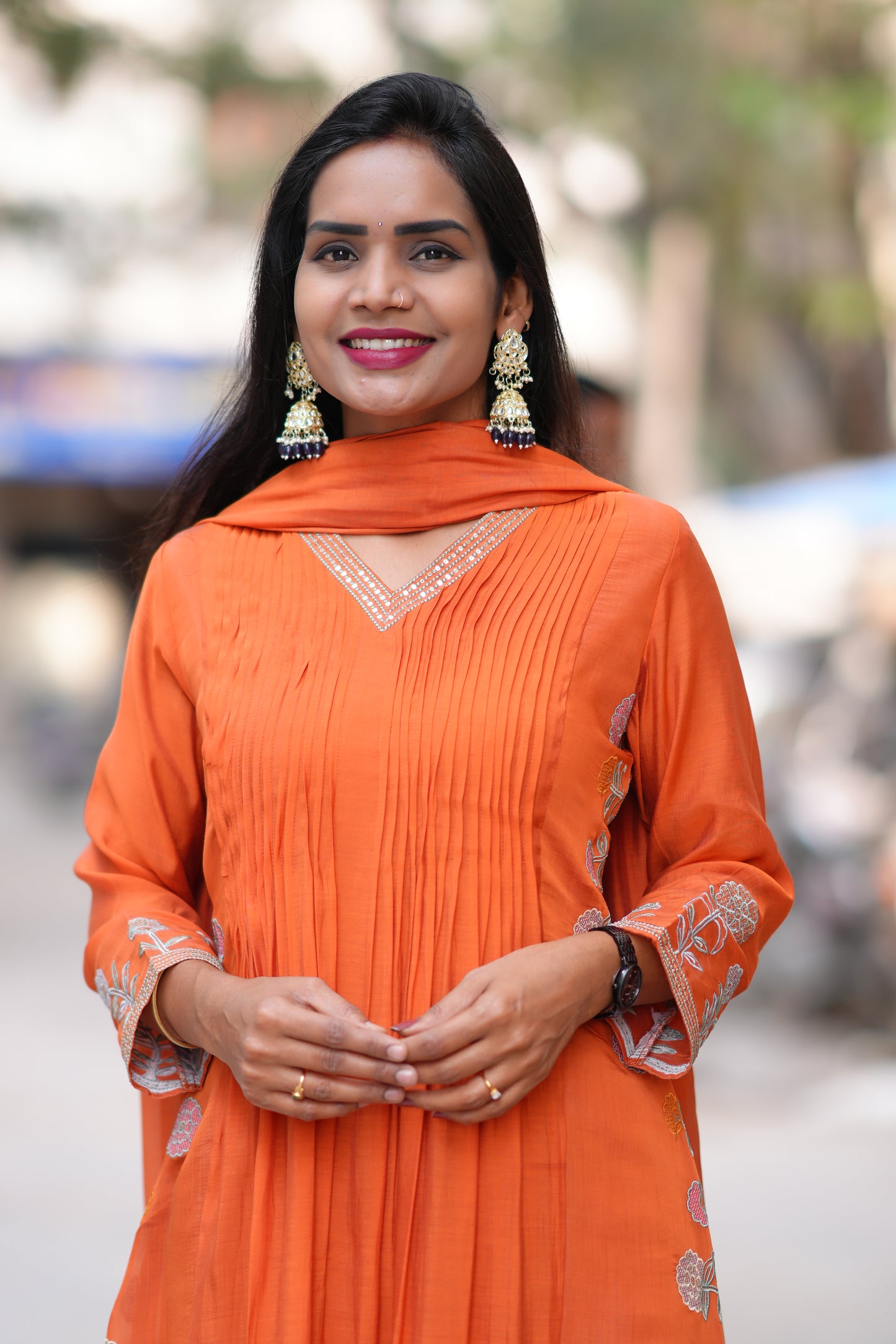 Orange Color Mul Chanderi Party Wear 3 Piece Set With Complete Lining