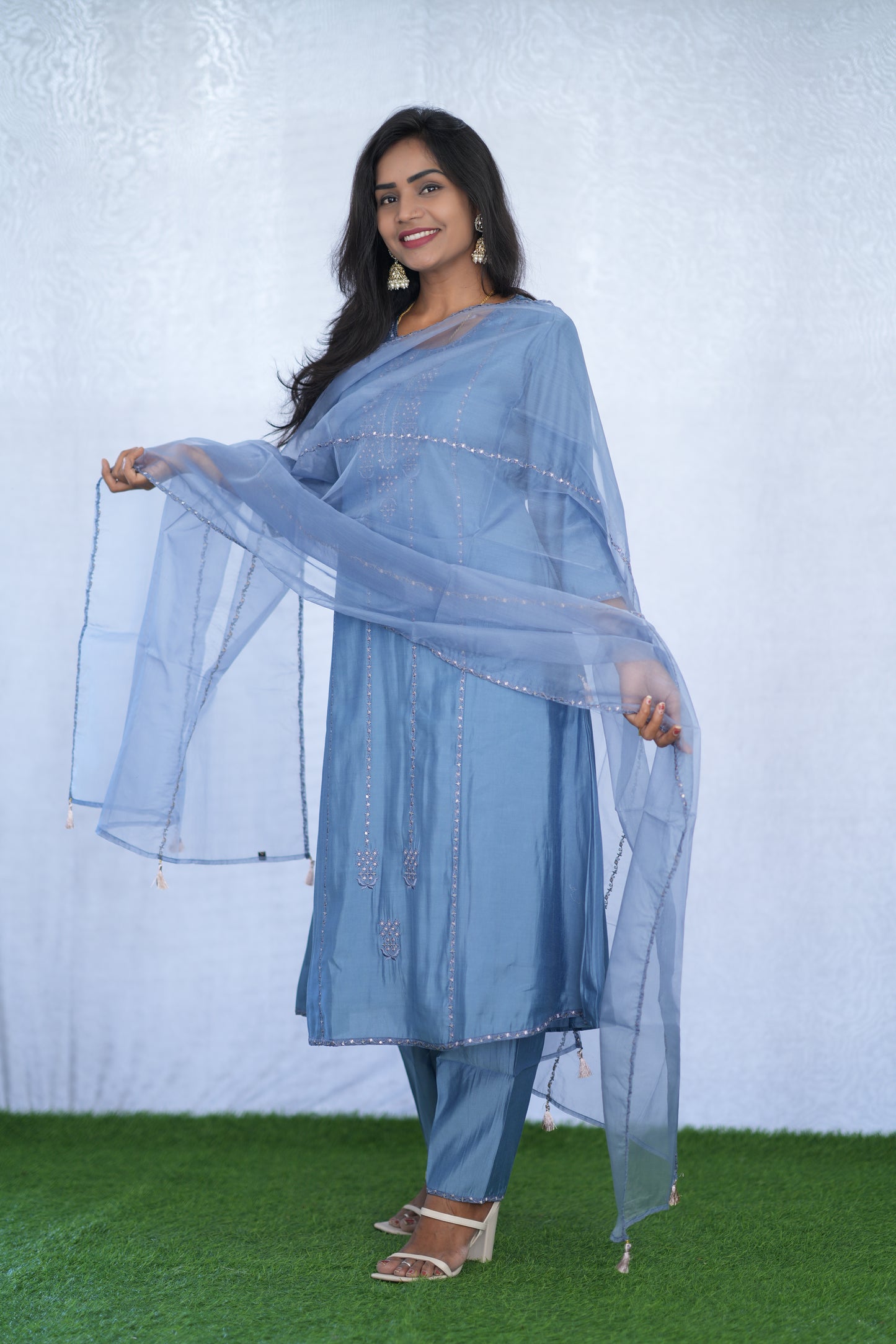 Greyish Blue Viscose Fabric Party Wear 3 Piece Set with Lining