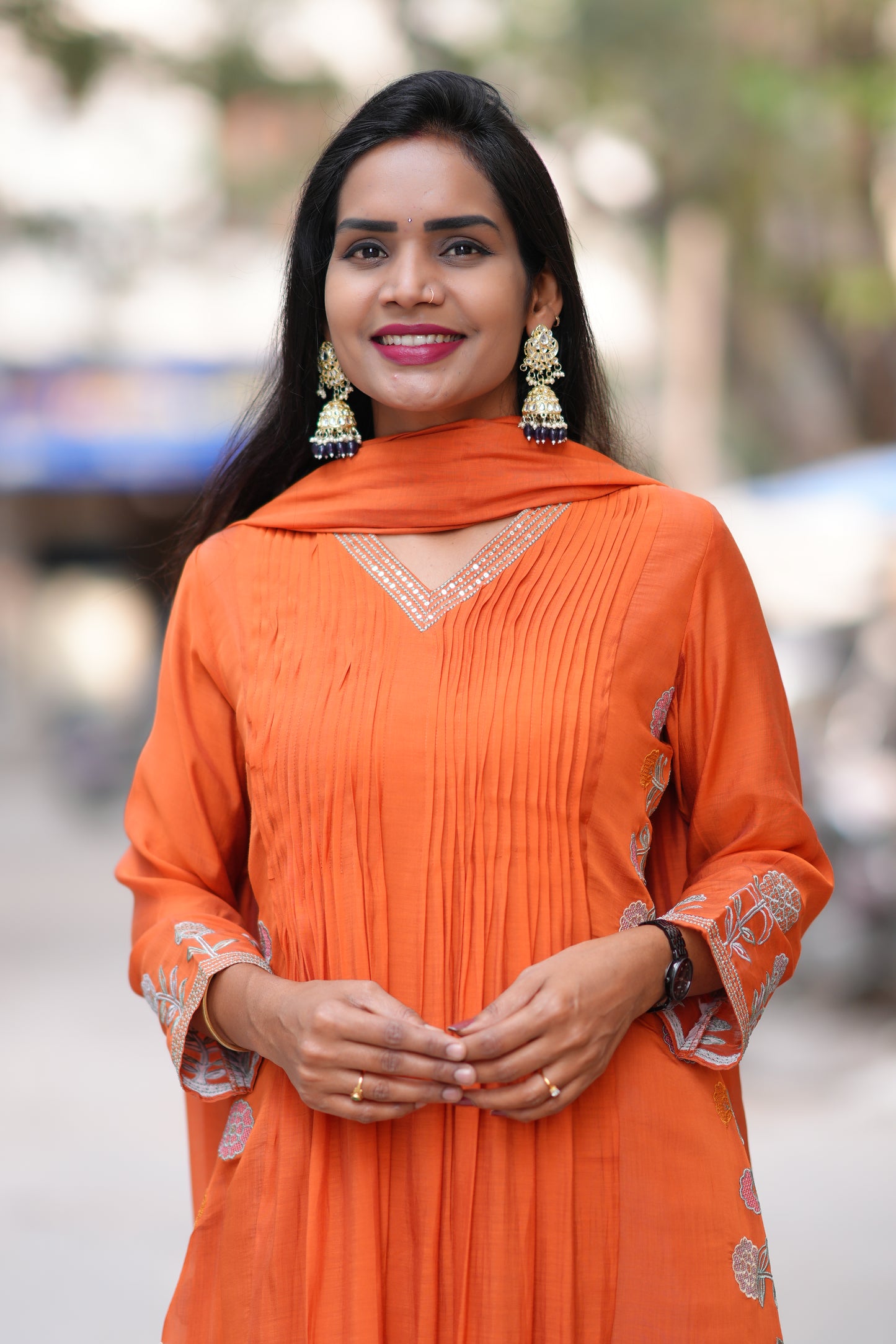 Orange Color Mul Chanderi Party Wear 3 Piece Set With Complete Lining