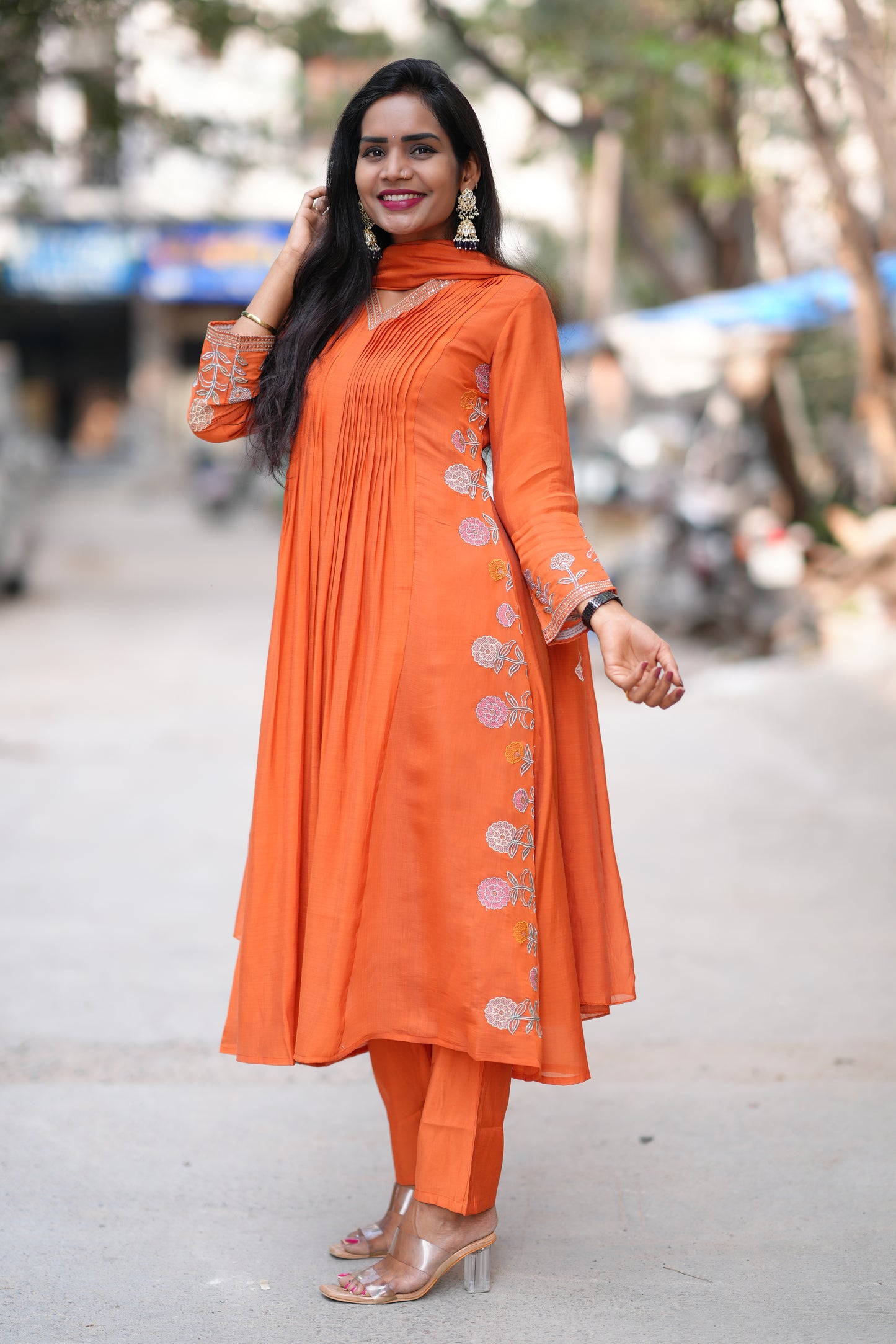 Orange Color Mul Chanderi Party Wear 3 Piece Set With Complete Lining