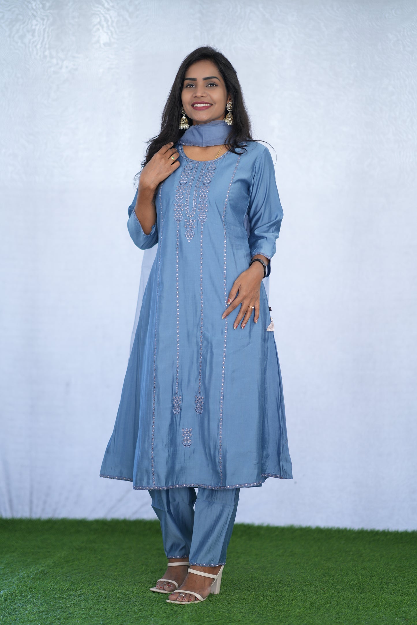 Greyish Blue Viscose Fabric Party Wear 3 Piece Set with Lining