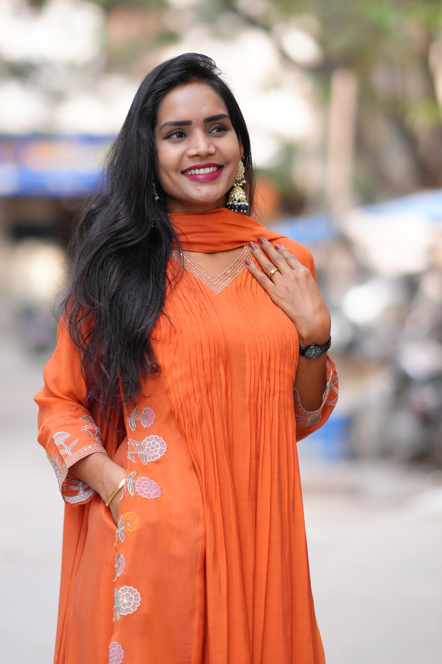 Orange Color Mul Chanderi Party Wear 3 Piece Set With Complete Lining