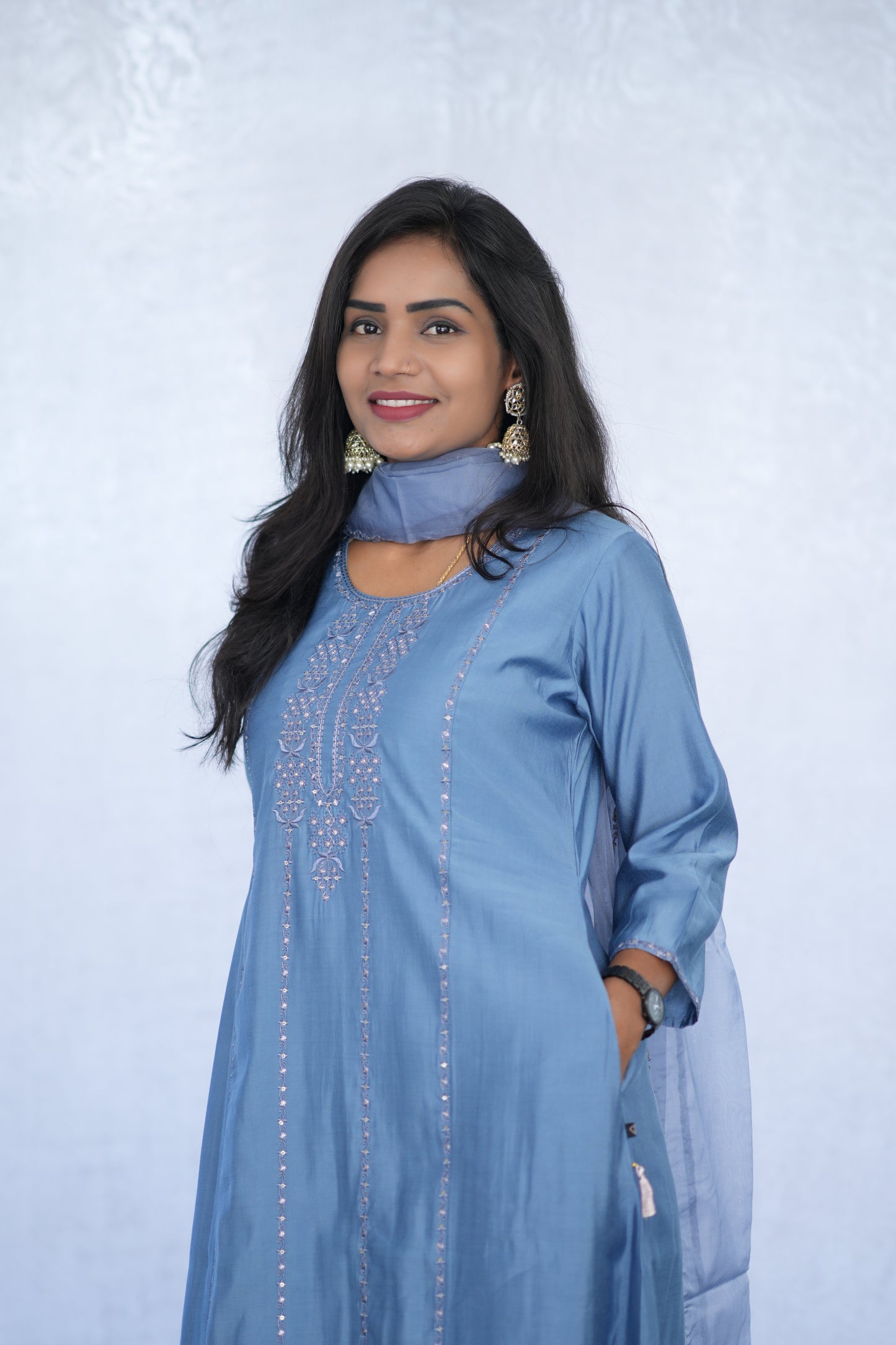 Greyish Blue Viscose Fabric Party Wear 3 Piece Set with Lining
