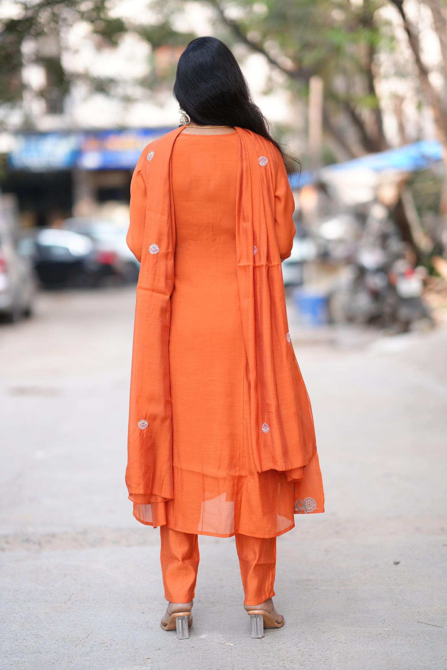 Orange Color Mul Chanderi Party Wear 3 Piece Set With Complete Lining