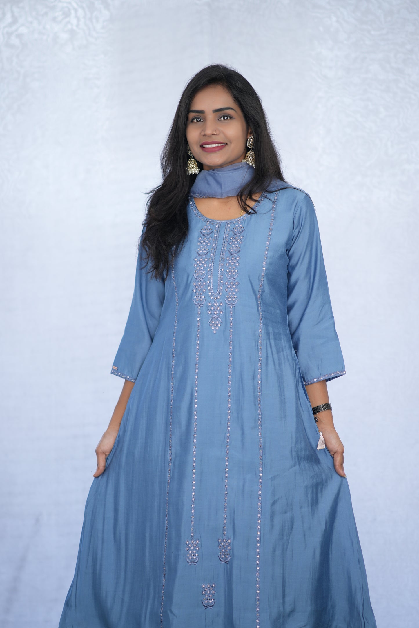 Greyish Blue Viscose Fabric Party Wear 3 Piece Set with Lining