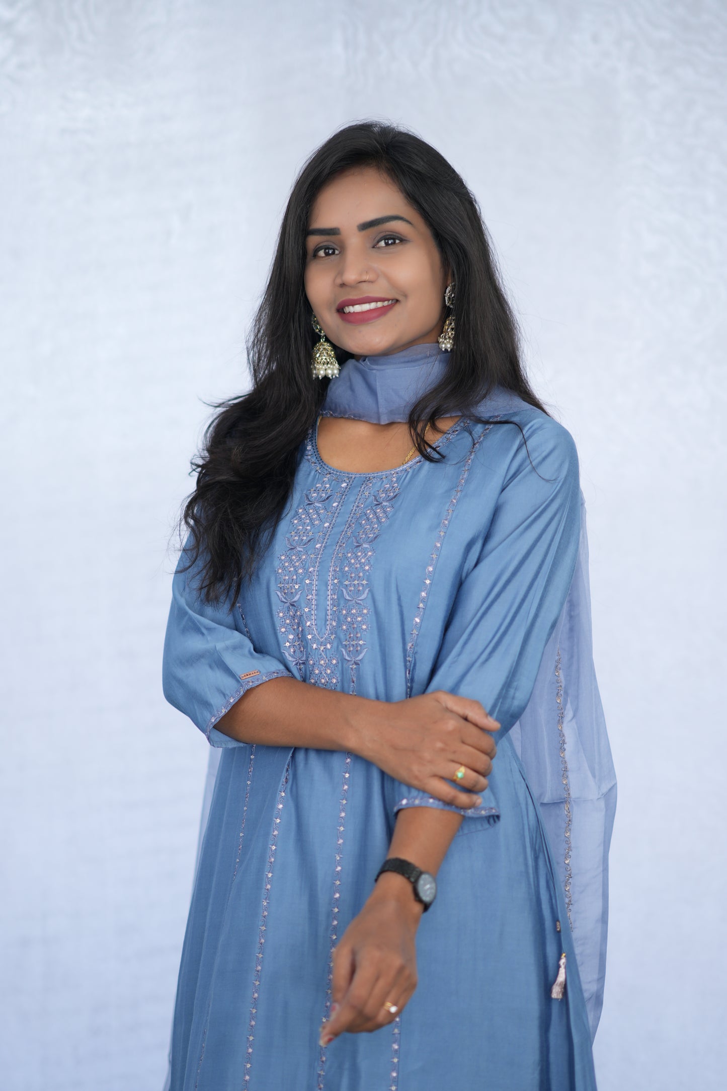Greyish Blue Viscose Fabric Party Wear 3 Piece Set with Lining
