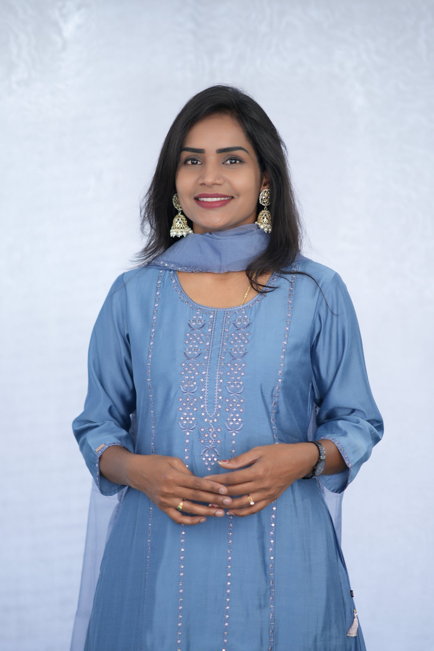 Greyish Blue Viscose Fabric Party Wear 3 Piece Set with Lining