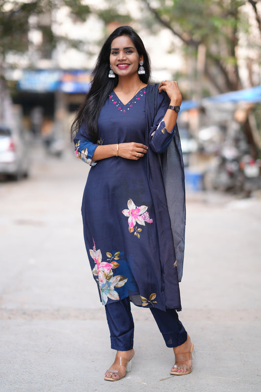 Navy Blue Color Pure Muslin 3 Piece Set With Complete Lining