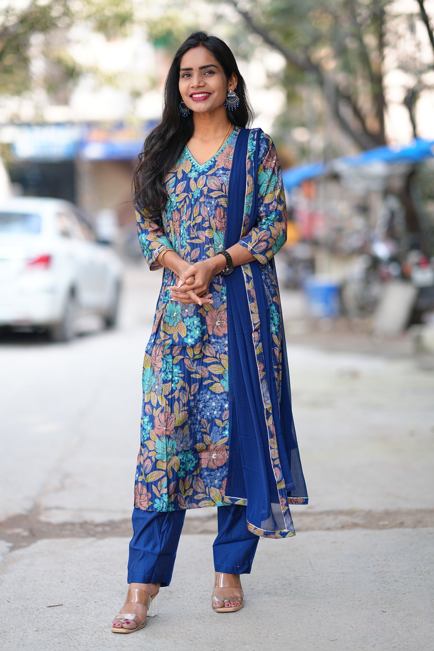 Blue Color Floral Print Viscose Fabric 3 Piece Set