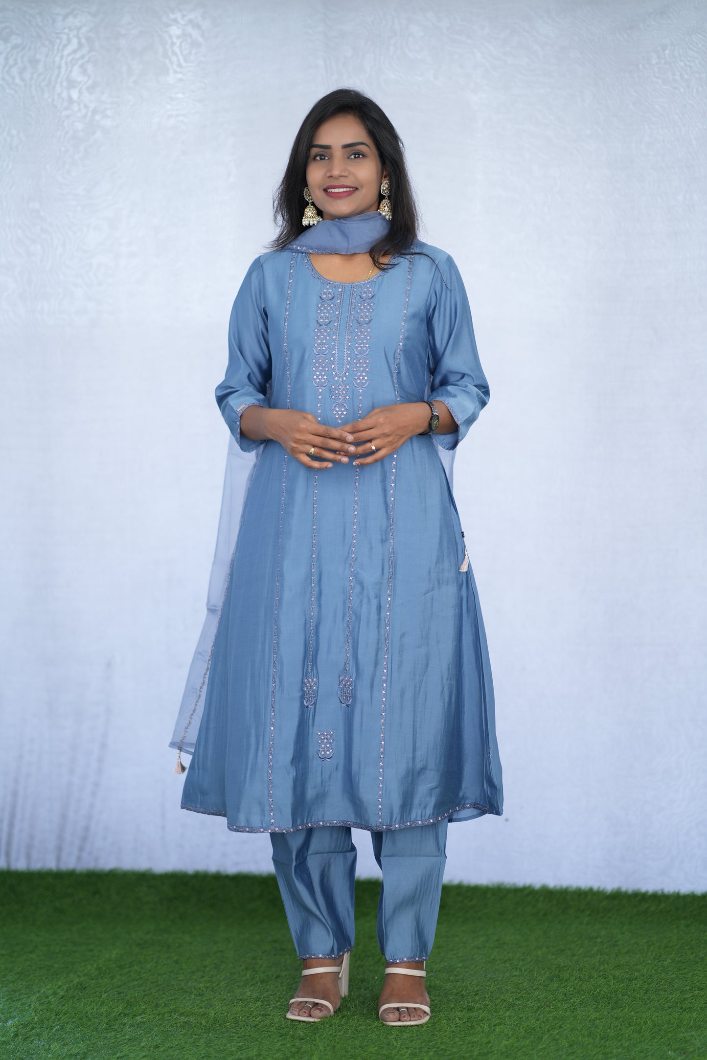 Greyish Blue Viscose Fabric Party Wear 3 Piece Set with Lining
