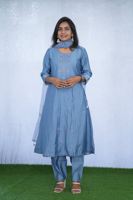 Greyish Blue Viscose Fabric Party Wear 3 Piece Set with Lining