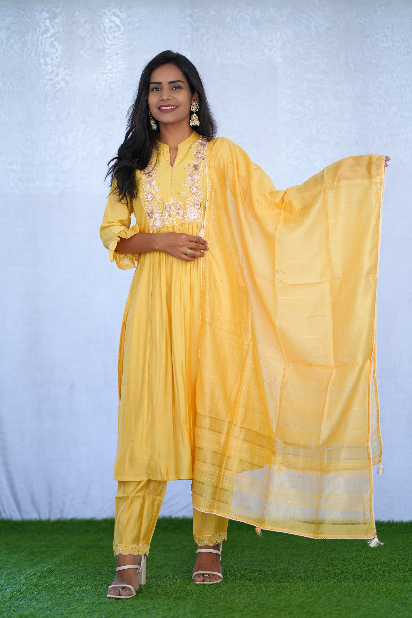 Yellow Color Viscose Fabric Pary Wear 3 Piece Set With Complete Lining