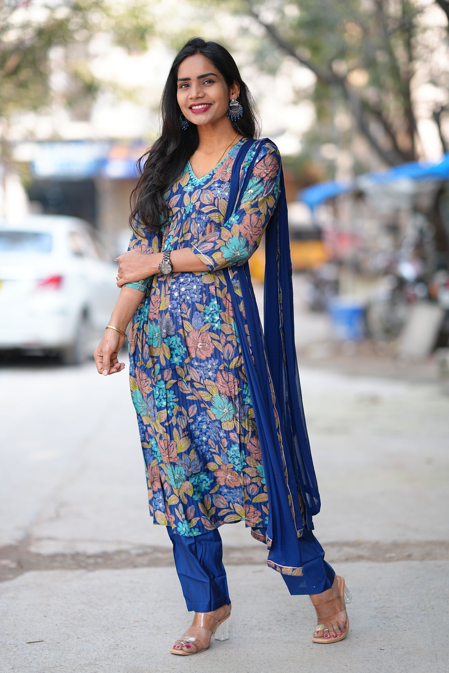 Blue Color Floral Print Viscose Fabric 3 Piece Set