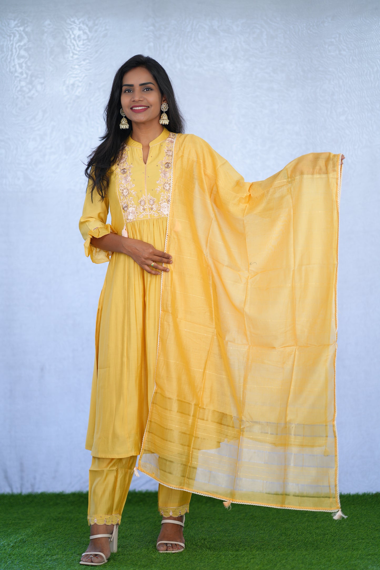 Yellow Color Viscose Fabric Pary Wear 3 Piece Set With Complete Lining