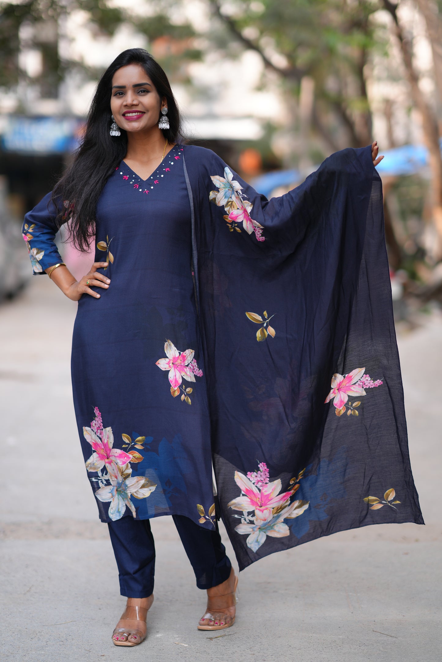 Navy Blue Color Pure Muslin 3 Piece Set With Complete Lining