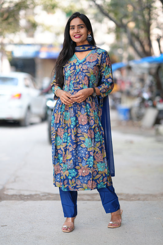 Blue Color Floral Print Viscose Fabric 3 Piece Set