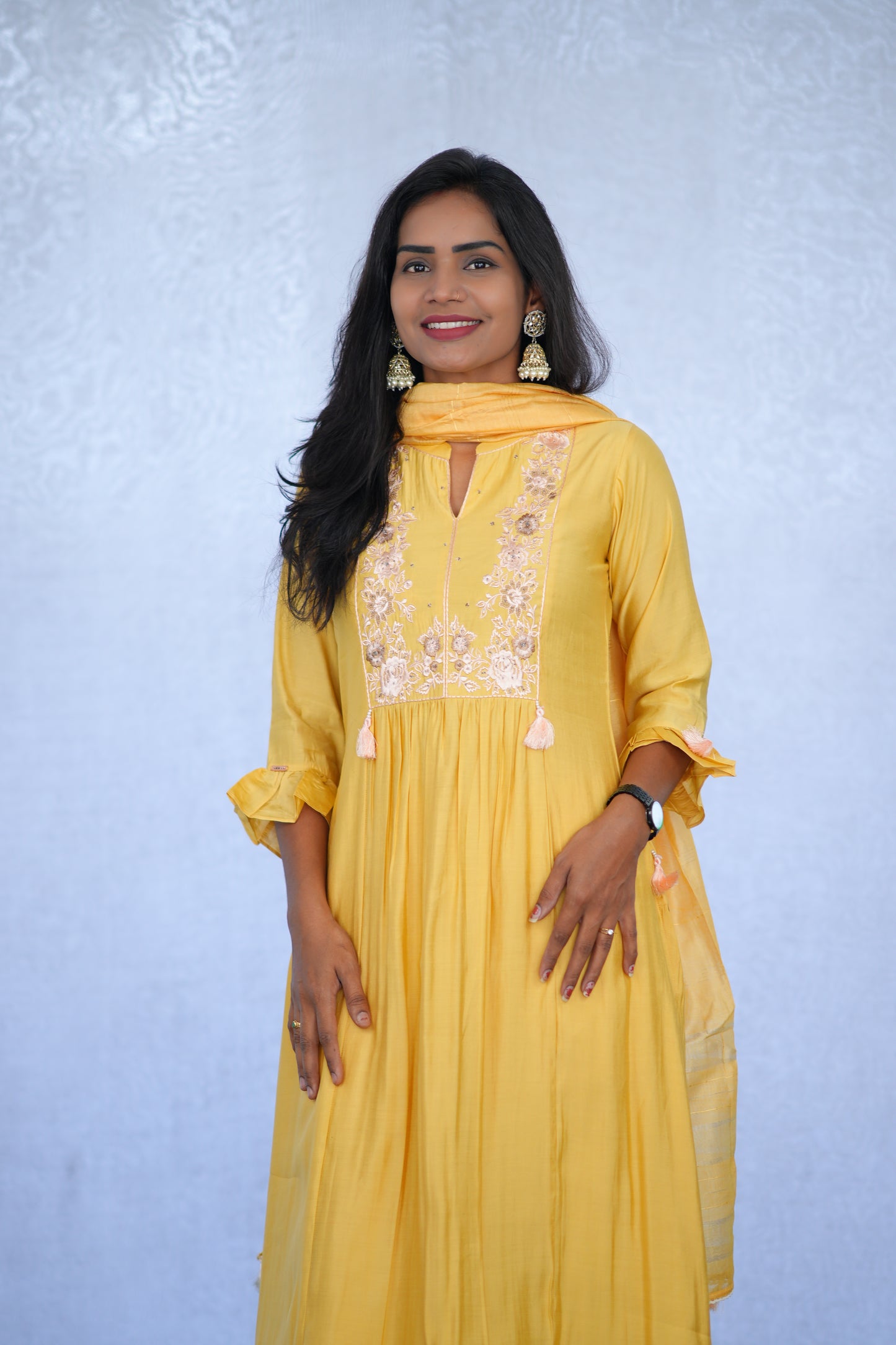 Yellow Color Viscose Fabric Pary Wear 3 Piece Set With Complete Lining