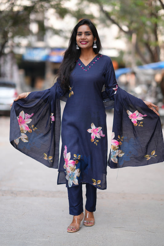 Navy Blue Color Pure Muslin 3 Piece Set With Complete Lining