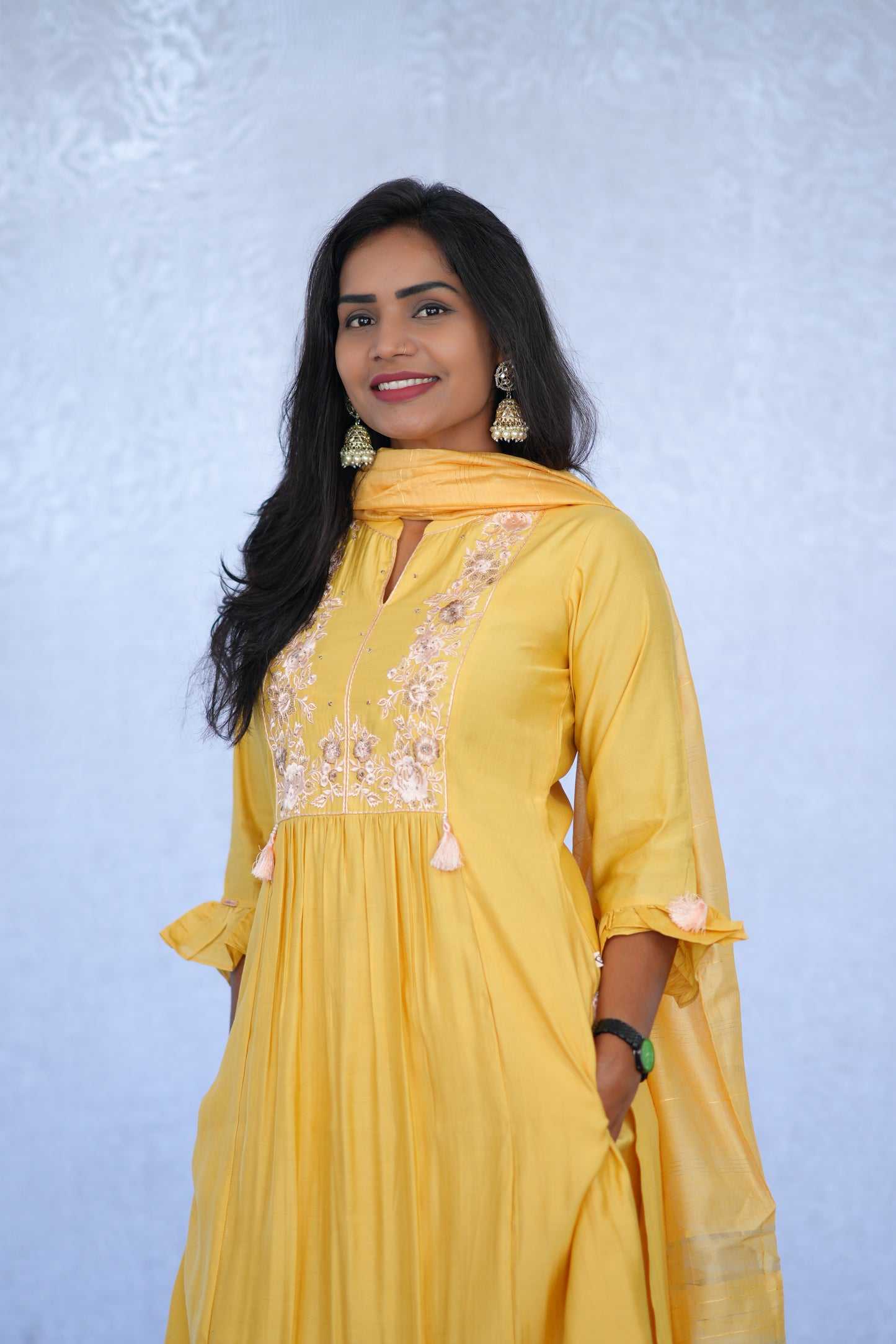 Yellow Color Viscose Fabric Pary Wear 3 Piece Set With Complete Lining