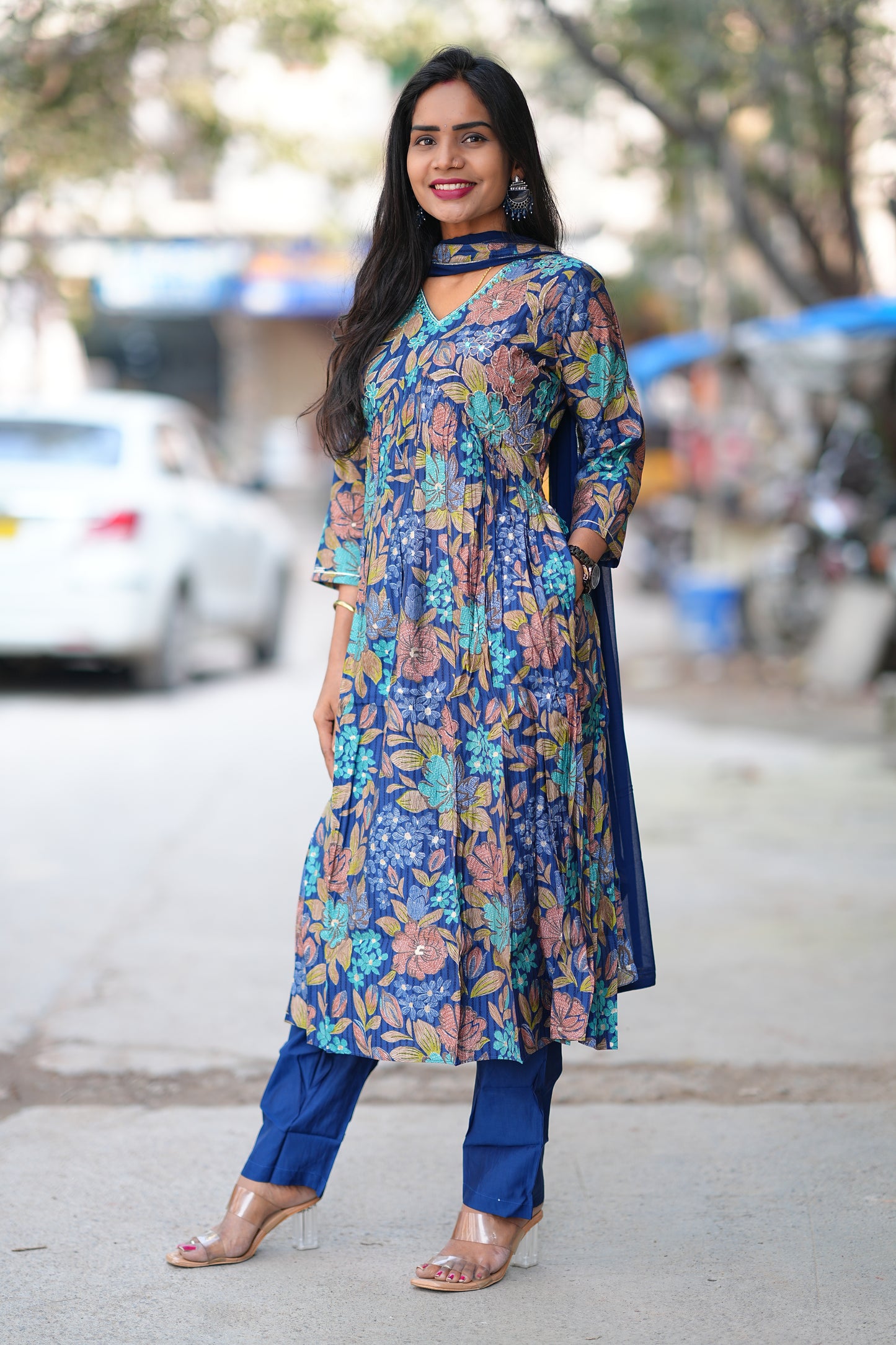 Blue Color Floral Print Viscose Fabric 3 Piece Set