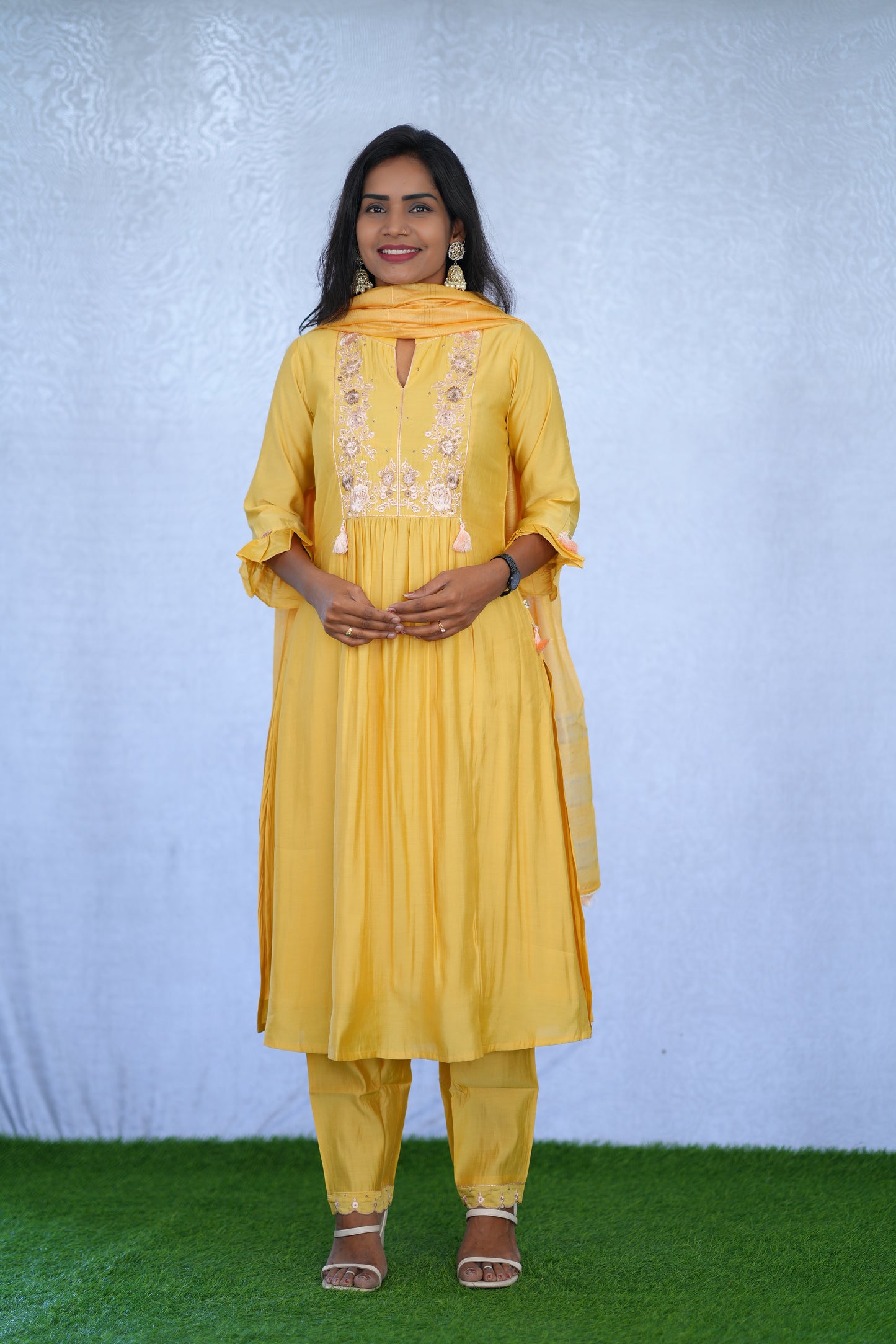 Yellow Color Viscose Fabric Pary Wear 3 Piece Set With Complete Lining