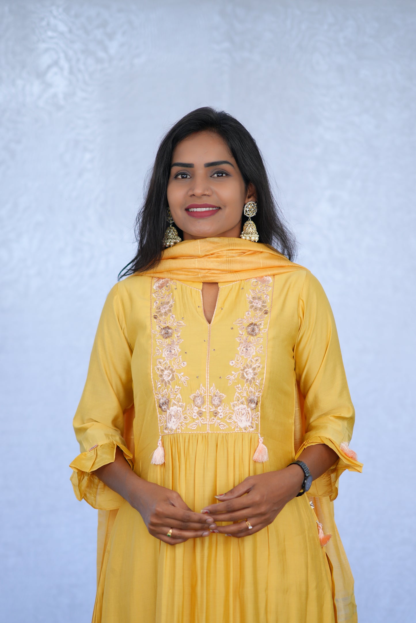 Yellow Color Viscose Fabric Pary Wear 3 Piece Set With Complete Lining