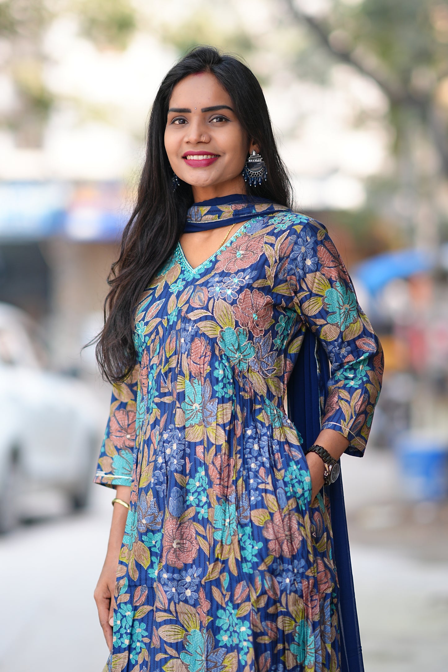 Blue Color Floral Print Viscose Fabric 3 Piece Set